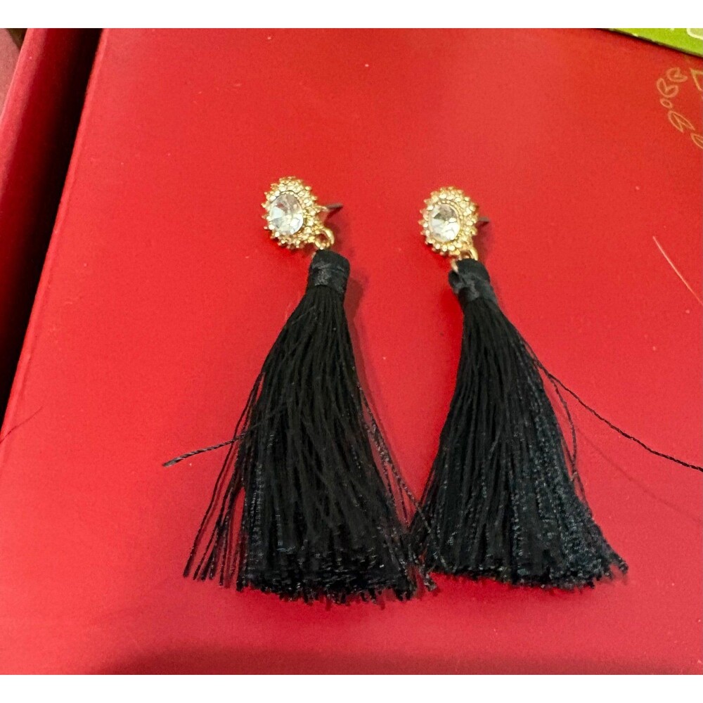 Black Tassel Earrings with Rhinestone Studs